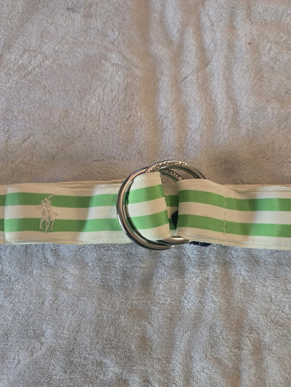 Ralph Lauren Green and White Striped D-Ring Canvas Belt 36